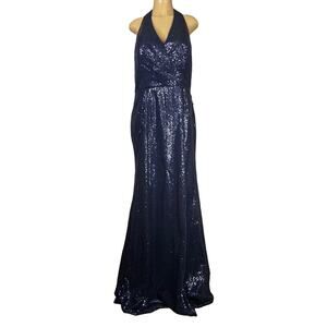 B2 Jasmine Long V-neck Halter Sequin Bridesmaid Dress Gown Midnight Blue SZ 18